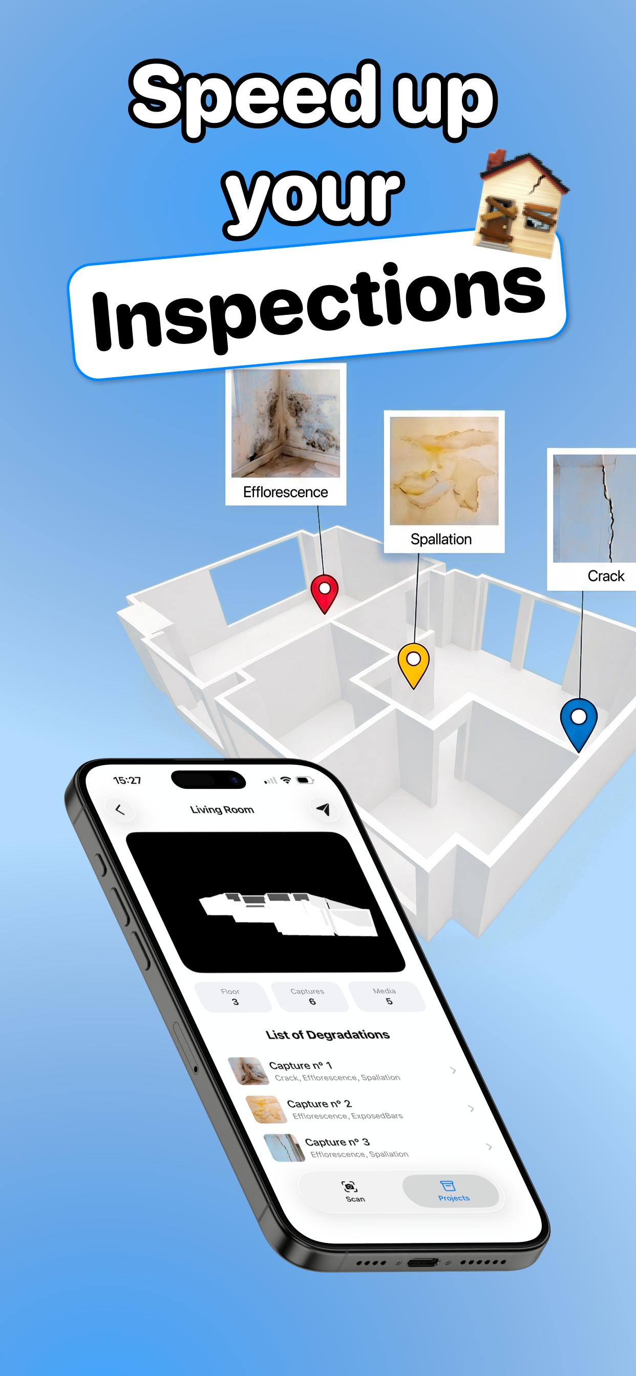 S.A.F.E. app inspection screen with 3D floorplan